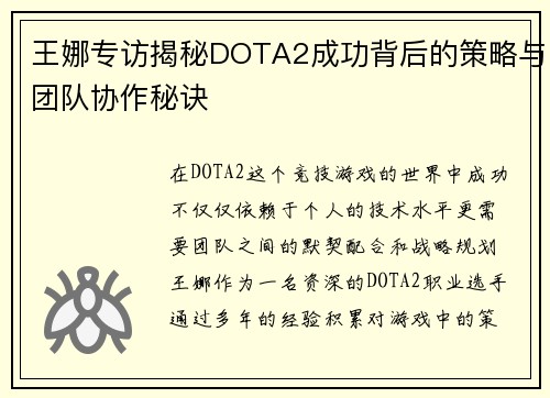 王娜专访揭秘DOTA2成功背后的策略与团队协作秘诀