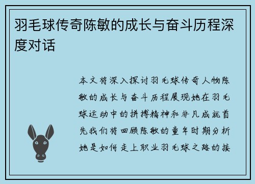 羽毛球传奇陈敏的成长与奋斗历程深度对话